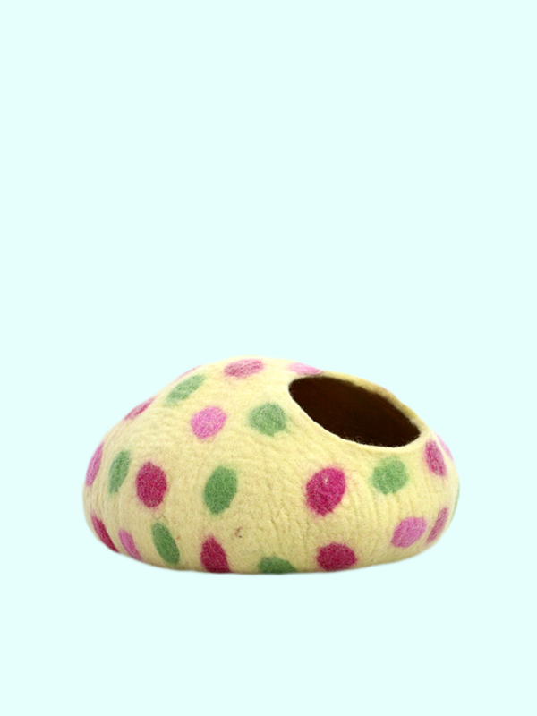yellow cat cave with colorful polka dots 1
