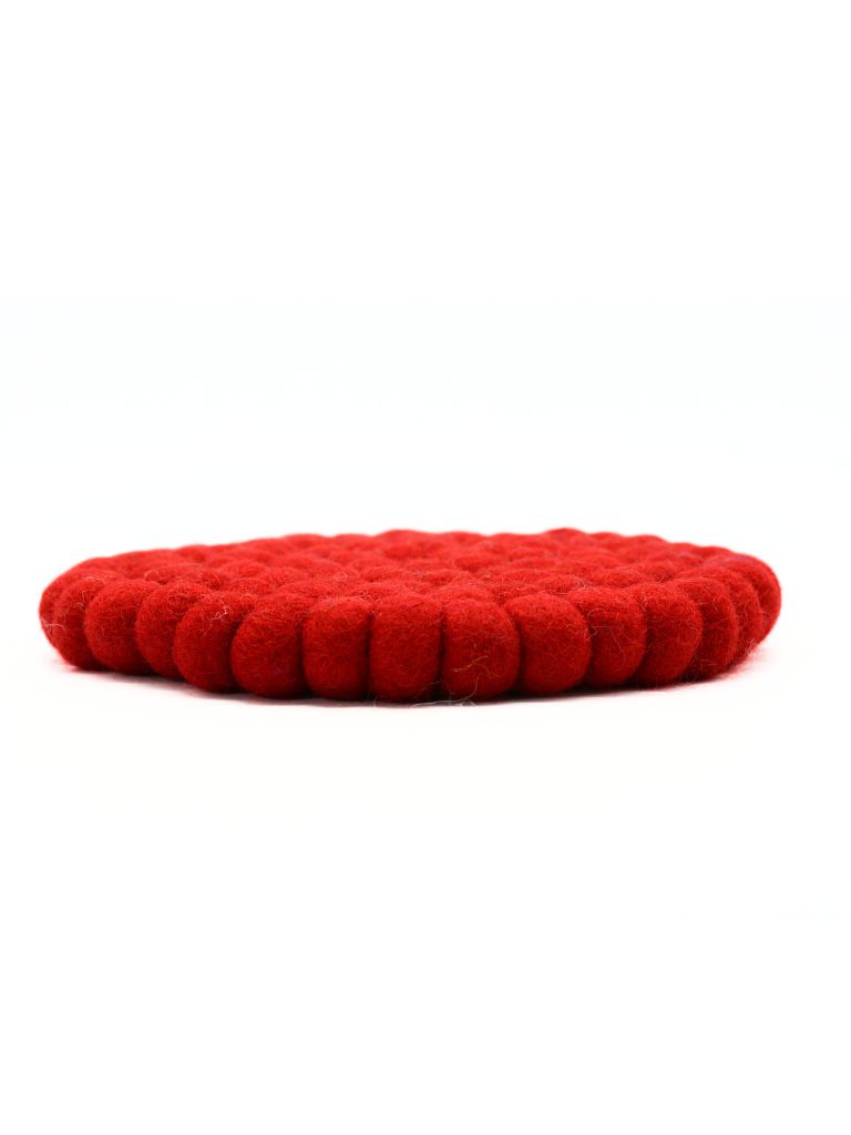 red handmade pom pom trivets for kitchen