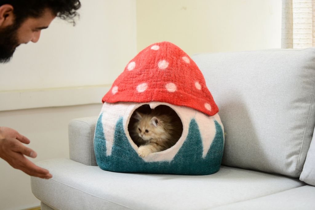 handmade felt mushroom cat cave 