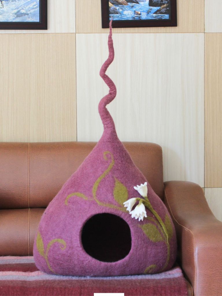 purple flower design handmade felt wool cat bed