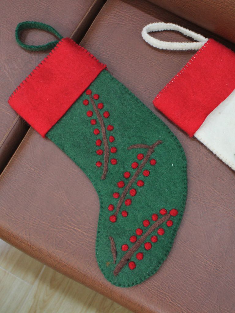 handmade green wool felt christmas stocking