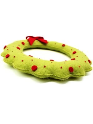 Handmade felt Christmas wreath in festive green, featuring playful reindeer cutouts.